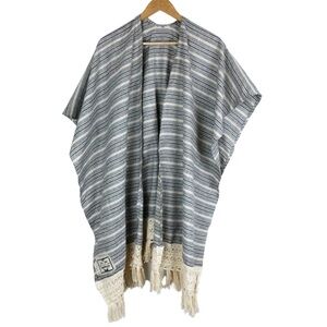 New FF Goods Striped Kimono Cardigan Open Front Fringe Lace Trim Boho Women